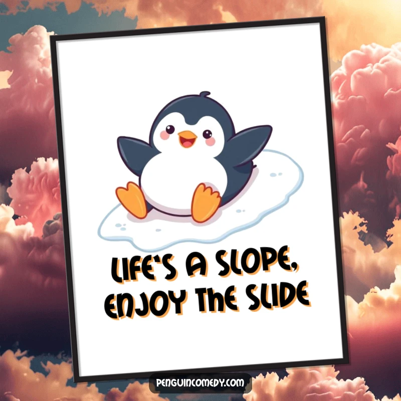 Funny Free Printable Wall Art: A happy penguin smiles while sliding on its belly down a smooth, icy slope.