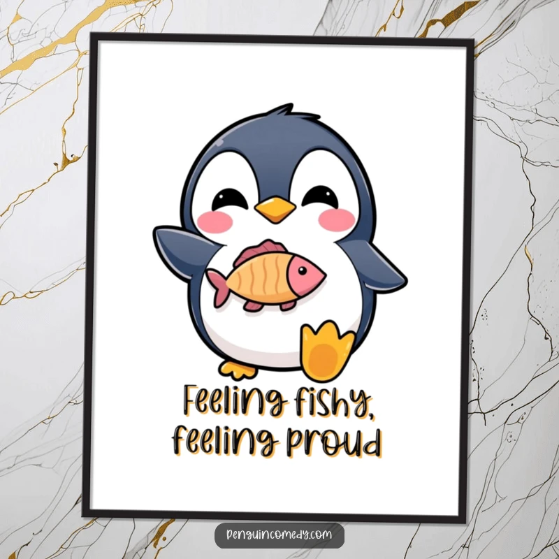 Funny Free Printable Penguin Wall Art of a delighted penguin proudly holding a fish icon.