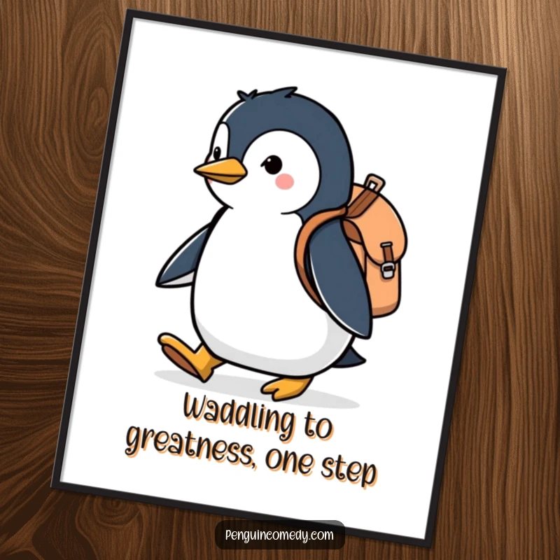 Funny Free Printable Wall Art: A determined penguin wearing a tiny backpack marches with visible purpose and resolve.