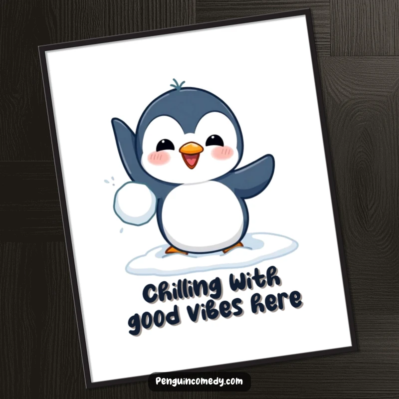 Funny Free Printable Wall Art: A playful penguin with a snowball in its flipper, ready to aim and score.