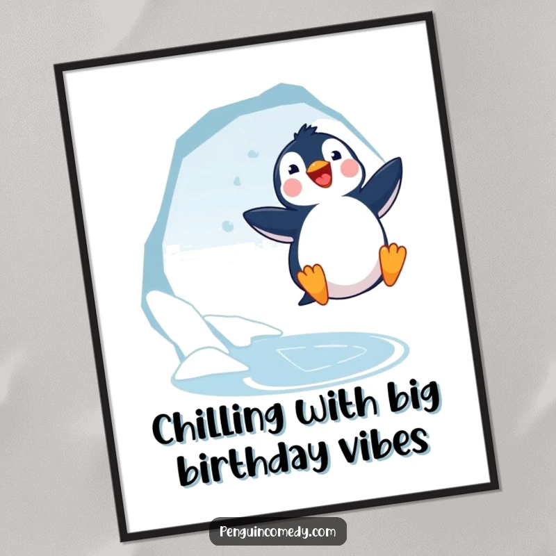 Funny Free Printable Penguin Wall Art: A joyful penguin leaps enthusiastically near an icy hole.