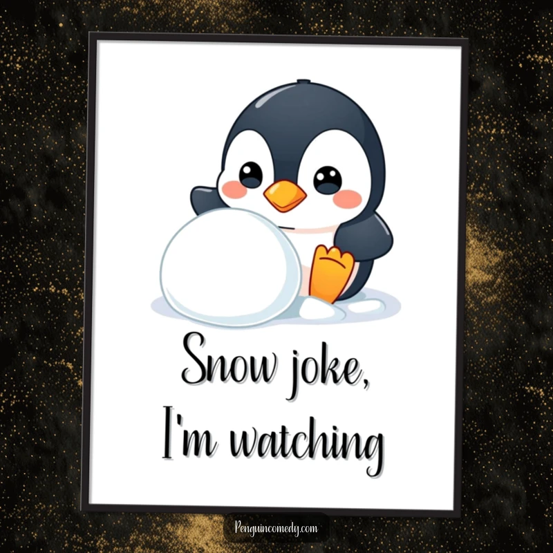 Funny Free Printable Wall Art showing a mischievous penguin peeking out from behind a large snowball, with a sly and playful expression.