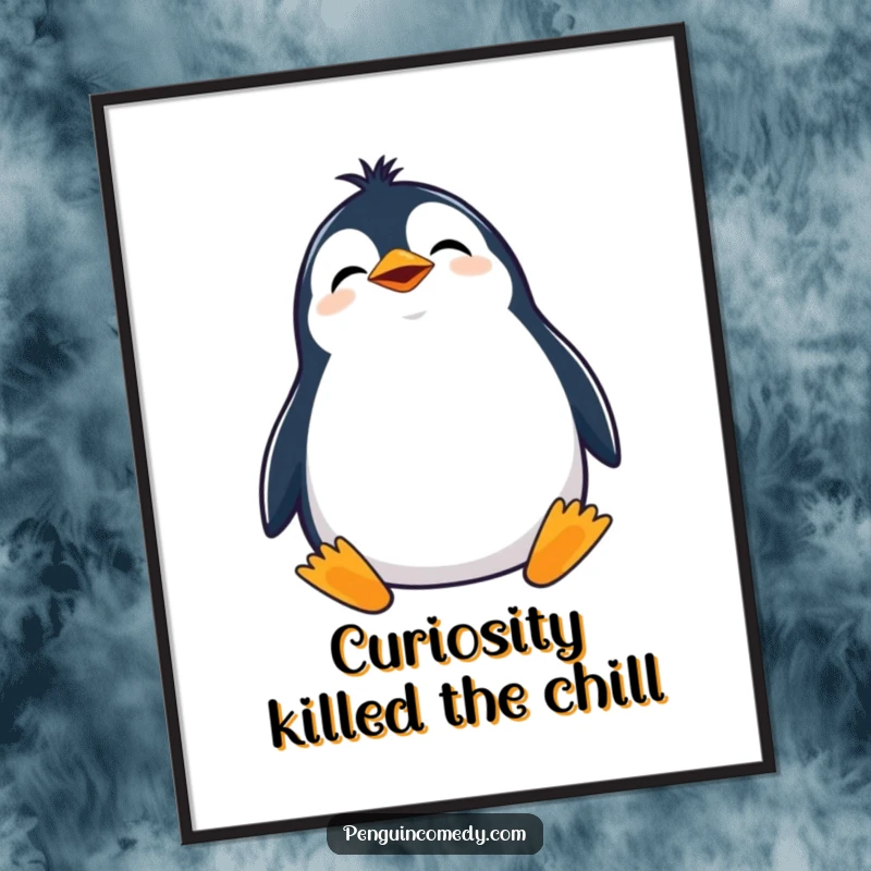 Funny Free Printable Penguin Wall Art of a giggling penguin tilting its head and looking up.