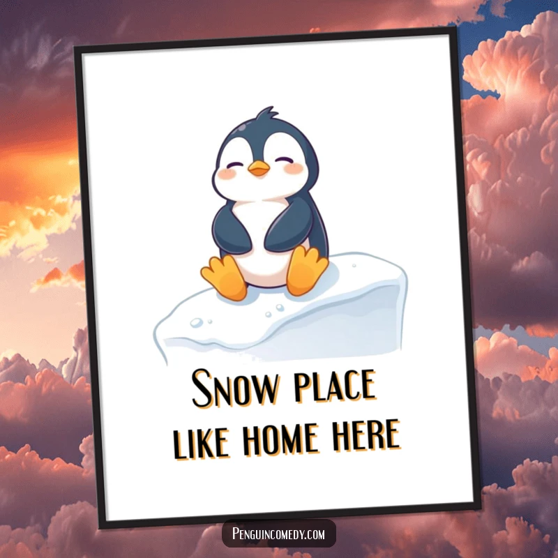 Funny Free Printable Wall Art: A content penguin sunbathing happily on a snowy ledge, bringing chill vibes.