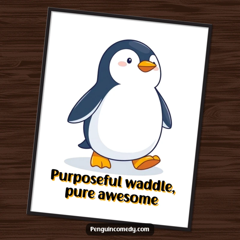Funny Free Printable Wall Art: A penguin with a determined gaze waddles purposefully through a snowy expanse.