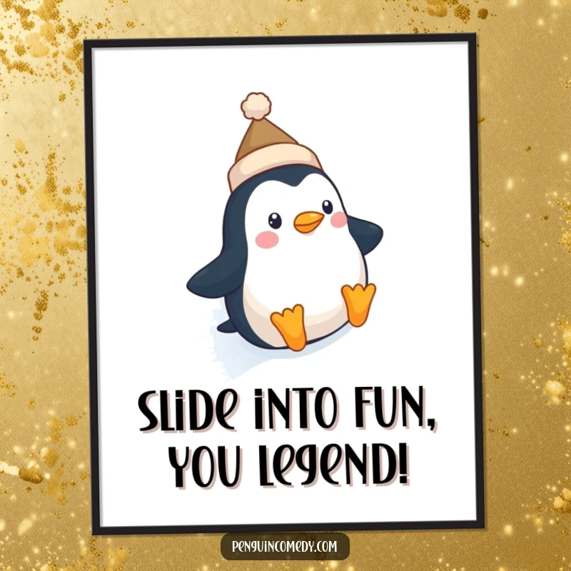 Funny Free Printable Wall Art: A cute penguin wearing a hat slides down an icy slope with glee.