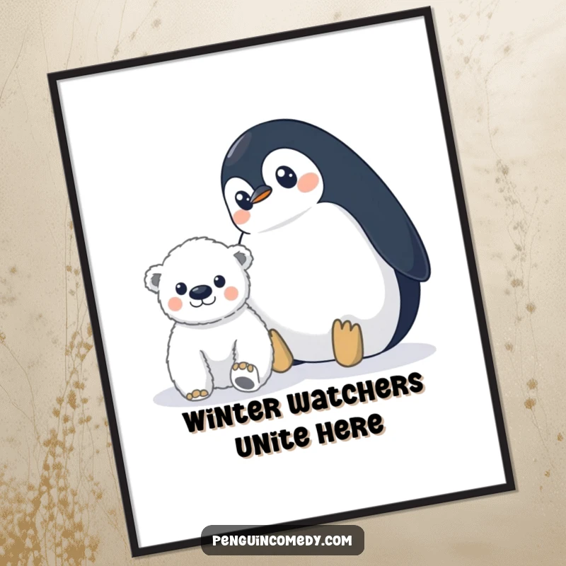 Funny Free Printable Wall Art: A penguin with wide, curious eyes watching a distant polar bear cub.