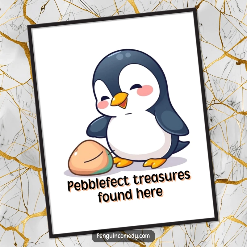 Funny Free Printable Wall Art: A playful penguin nudging a colorful pebble with its beak, showing curiosity.