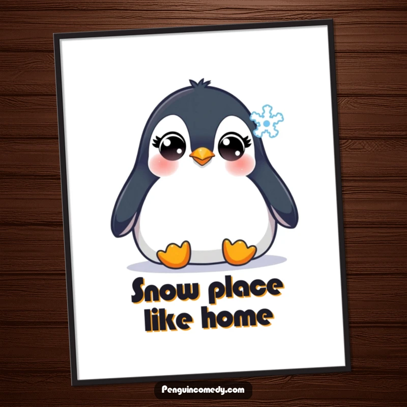 Funny Free Printable Penguin Wall Art: A wide-eyed penguin mesmerized by a falling snowflake, charming downloadable art.
