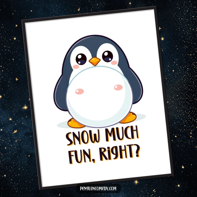 Funny Free Printable Wall Art: A penguin with wide, curious eyes peeking from behind a large snowball.