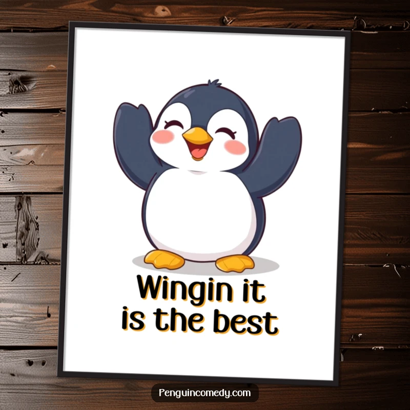 Funny Free Printable Penguin Wall Art: Cheerful penguin flapping its wings in delight, vibrant downloadable art.