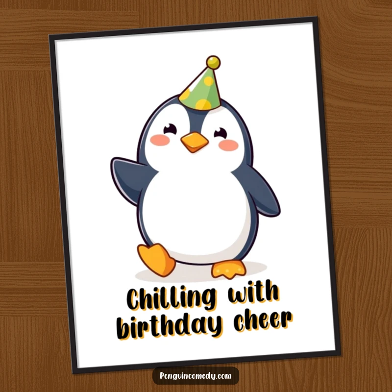 Funny Free Printable Wall Art: A cute penguin donned in a party hat waddles with glee. Humorous, downloadable decor for a festive atmosphere.