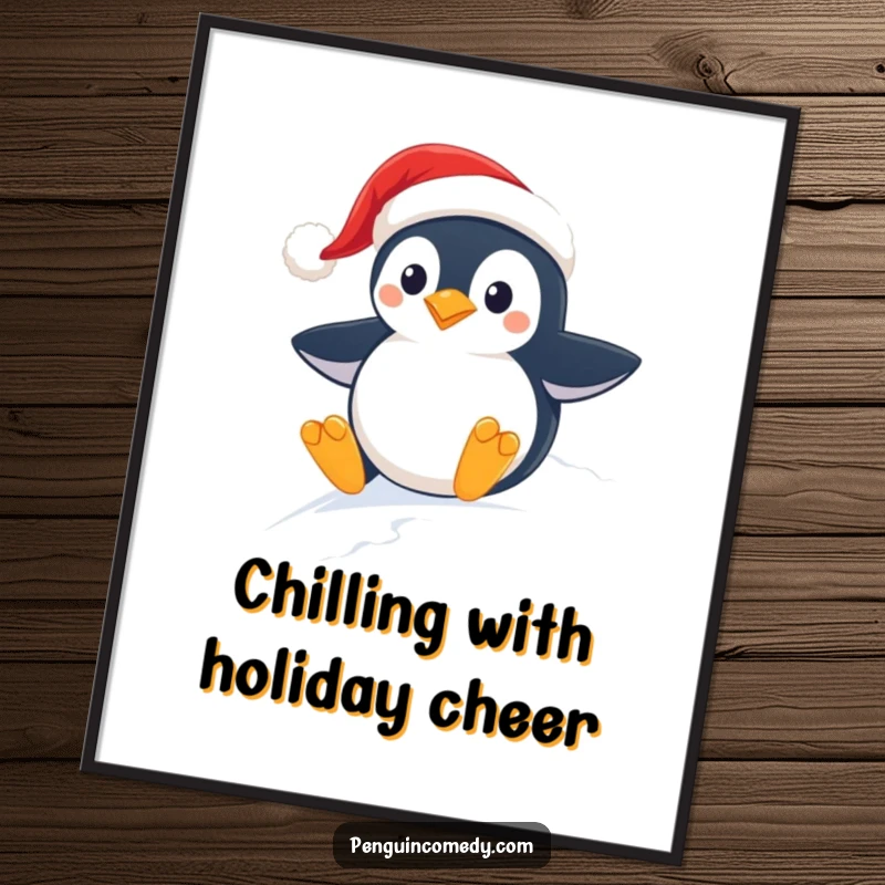 Funny Free Printable Wall Art: Whimsical penguin wearing Santa hat, gleefully sliding down a snow-covered slope, festive design.
