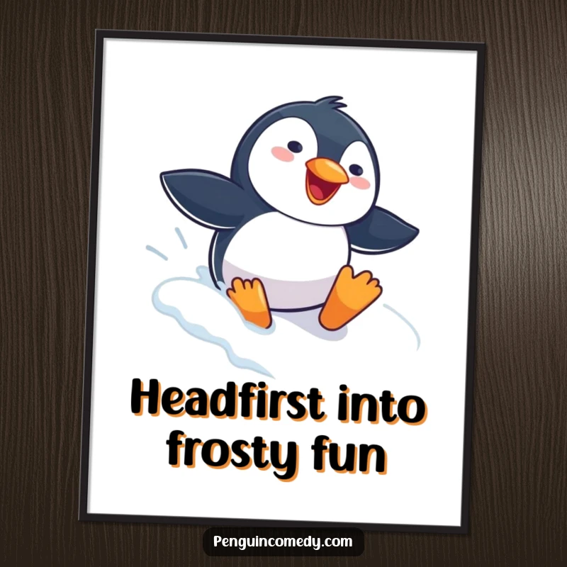 Funny free printable wall art depicting a penguin with a gleeful expression, joyfully sliding headfirst down a snow-covered slope.