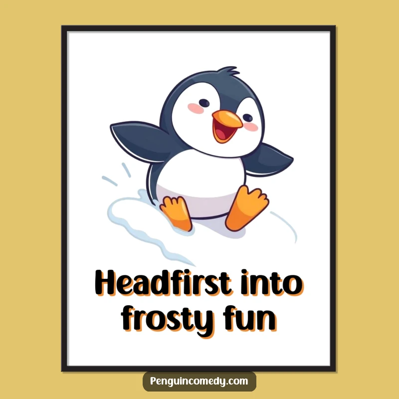 Funny Free Printable Wall Art: Gleeful Penguin Snow Slide Downloadable Art for Winter Fun
