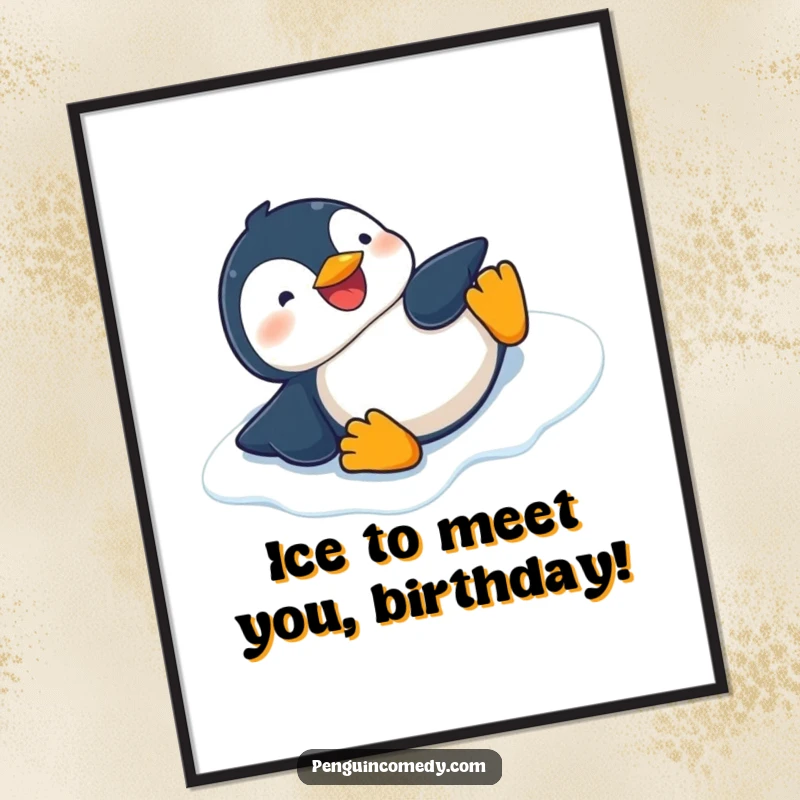 Funny free printable wall art depicting a giggling penguin in mid-slide down an icy slope, radiating pure joy.