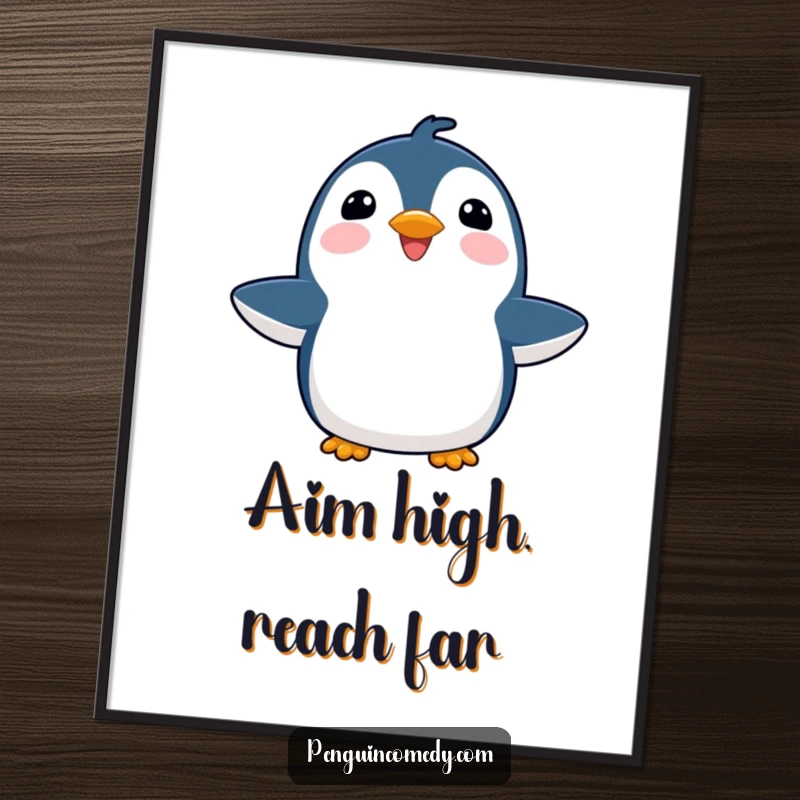 Inspirational Free Printable Wall Art of a joyful penguin with flippers outstretched, looking upwards with a hopeful and optimistic expression.