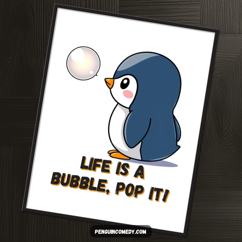 Funny Free Printable Wall Art: Curious penguin observing a shiny bubble, whimsical decor download