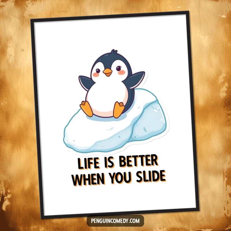 Funny free printable wall art capturing a cheerful penguin sliding with abandon down a glistening icy hill, embodying pure winter joy.
