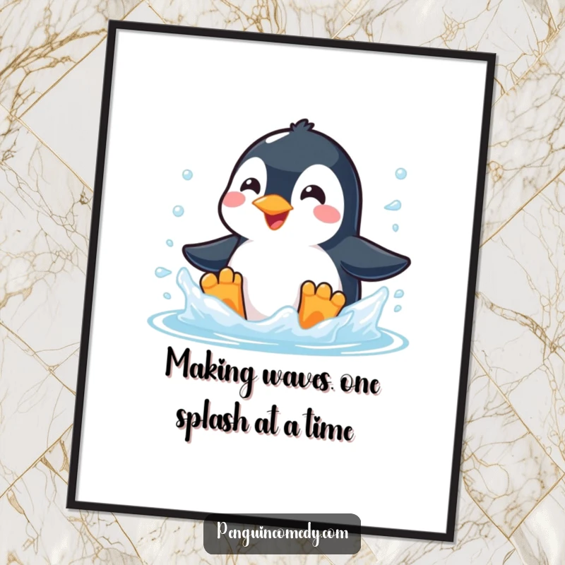 Funny Free Printable Wall Art: Delighted penguin with a wide smile, splashing energetically in pristine icy water, arctic fun.
