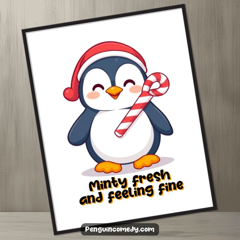 Funny Free Printable Wall Art: A happy penguin holding a large, festive candy cane with a cheerful smile.