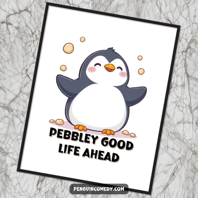 Funny Free Printable Wall Art: A cheerful penguin enthusiastically juggling a pile of smooth pebbles.