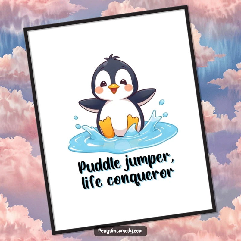 Funny Free Printable Wall Art: A happy penguin is captured mid-splash in a vivid blue puddle, full of playful energy.
