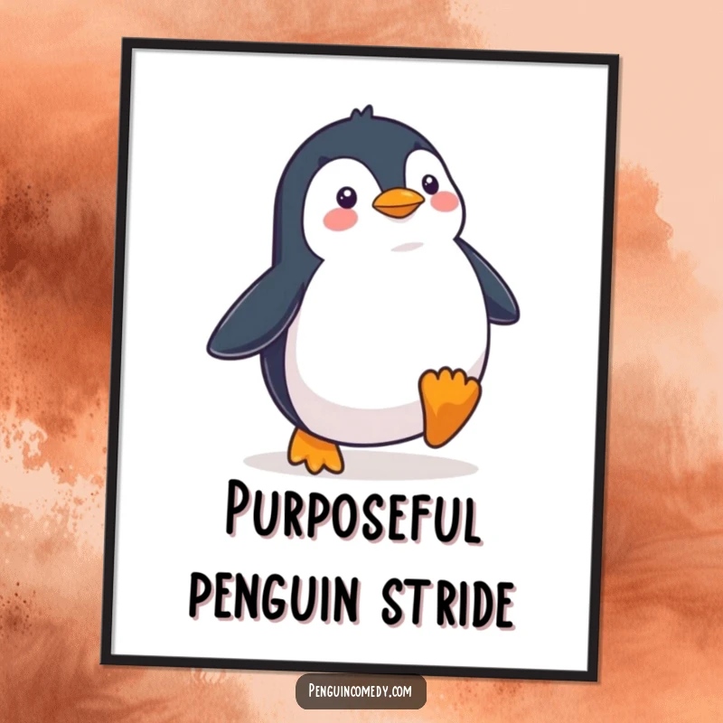 Funny Free Printable Wall Art: A happy penguin waddles with a focused, determined stride across a simple background.