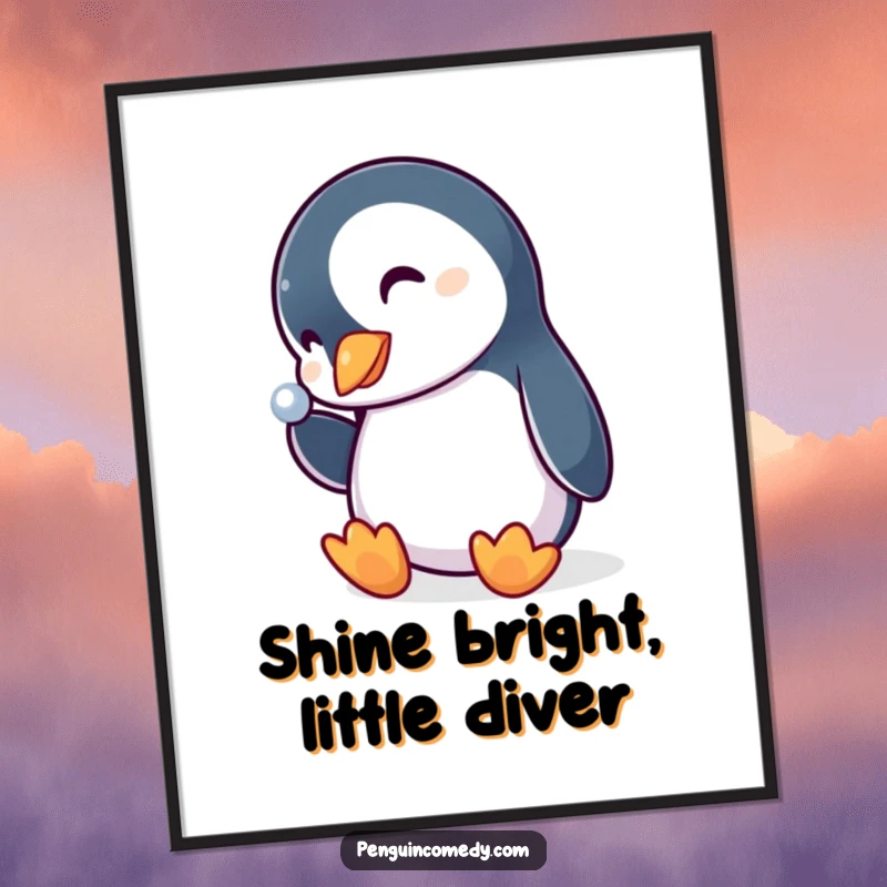 Funny Free Printable Wall Art of a curious penguin tilting its head, captivated by a shiny object, adding whimsy to decor.