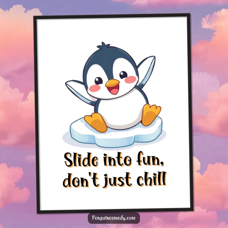 Funny Free Printable Wall Art of a happy penguin sliding uncontrollably headfirst on ice, radiating pure, unadulterated fun.