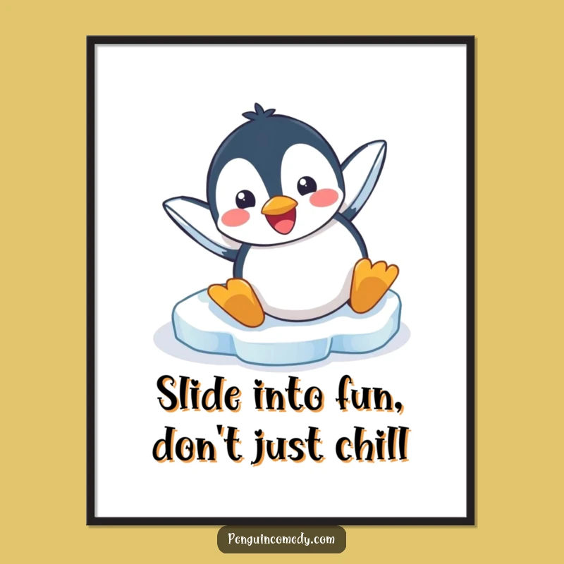 Free Printable Funny Wall Art: Penguin Ice Slide - Humorous Downloadable Decor