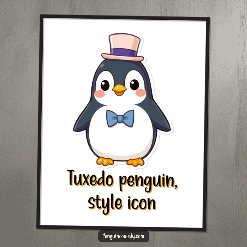 Funny Free Printable Wall Art: A penguin smartly dressed in a top hat and bowtie stands with refined elegance.