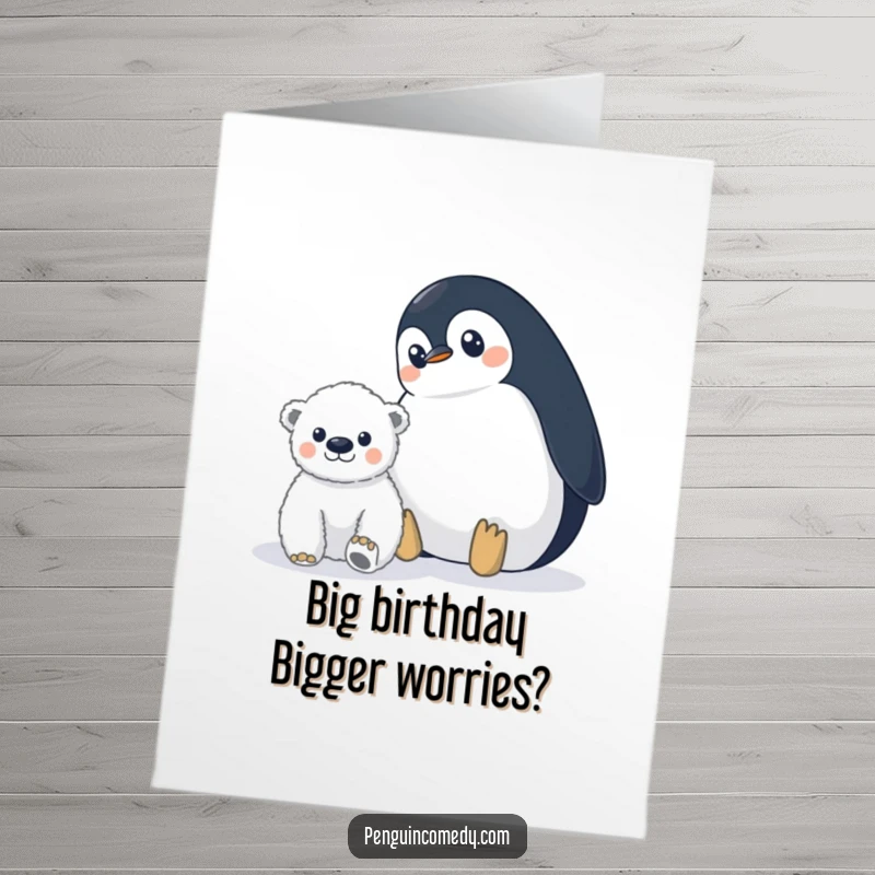 Funny Free Printable Birthday Card: Penguin with wide eyes cautiously watching a polar bear cub from a distance.