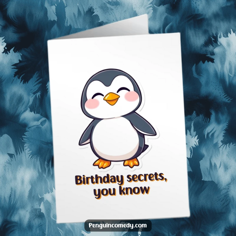 Funny free printable birthday card of a penguin giving a sly, mischievous grin while looking sideways.