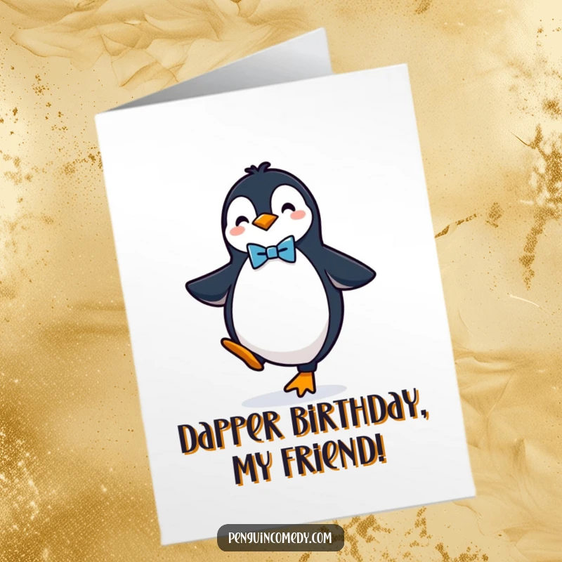 Funny Free Printable Birthday Card: A penguin in a bow tie, balancing stylishly on one foot.