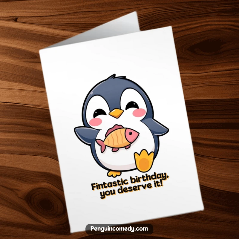 Funny Free Printable Penguin Birthday Card of a delighted penguin proudly holding a fish icon.