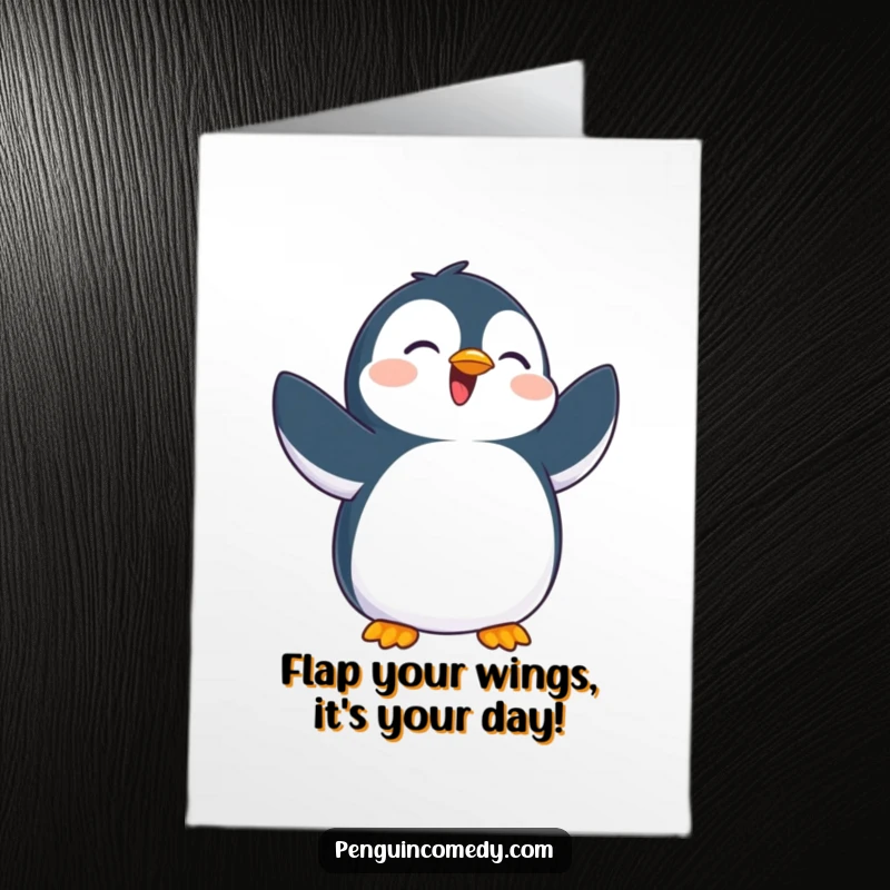 Funny Free Printable Birthday Card: Overjoyed penguin enthusiastically flapping flippers, celebrating with pure excitement.