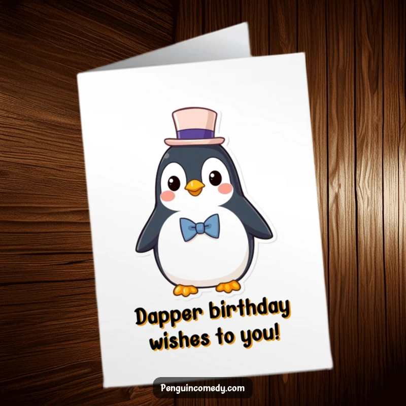 Funny Free Printable Birthday Card: A penguin dressed smartly in a top hat and bowtie celebrates a special birthday.