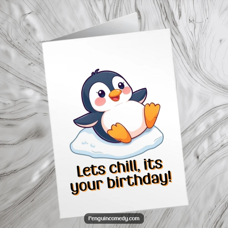 Funny Free Printable Birthday Card: A happy penguin joyfully slides down a slick ice slope on its belly.