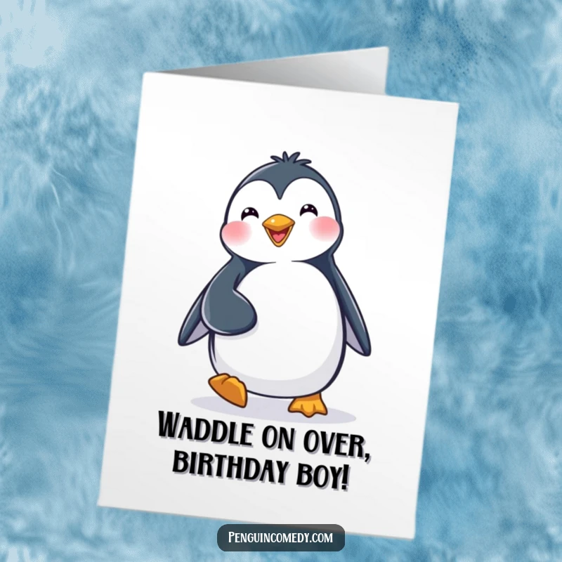 Funny Free Printable Birthday Card: A happy penguin waddles with pure joy and determination towards an epic celebration.