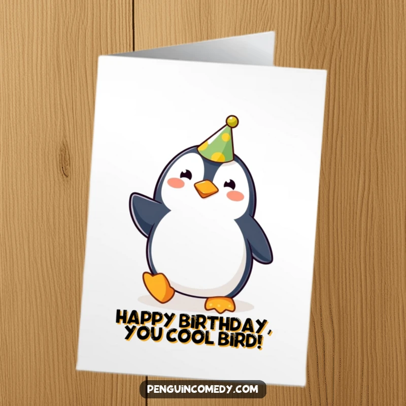 Funny Free Printable Birthday Card: A cute penguin in a party hat waddles with pure joy. Downloadable fun for a special celebration.