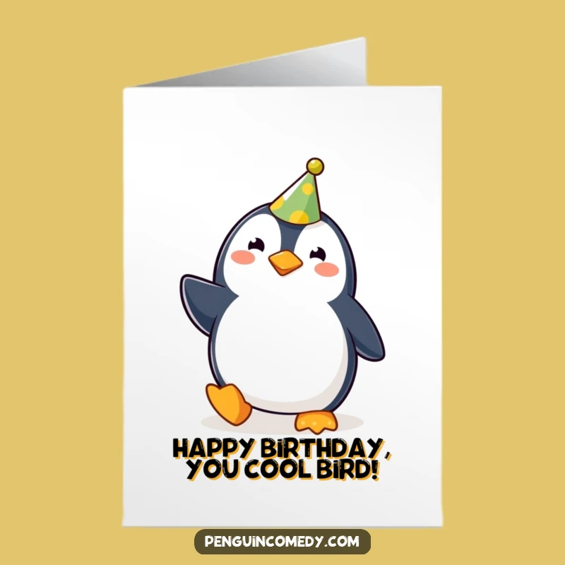 Free Printable Birthday Card: Joyful Penguin with Party Hat - Funny Downloadable Gift!