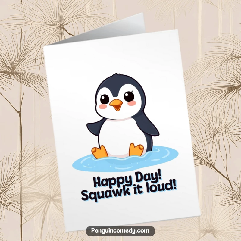 Funny Free Printable Birthday Card: A penguin with an eager squawk surfacing from the ocean waves.