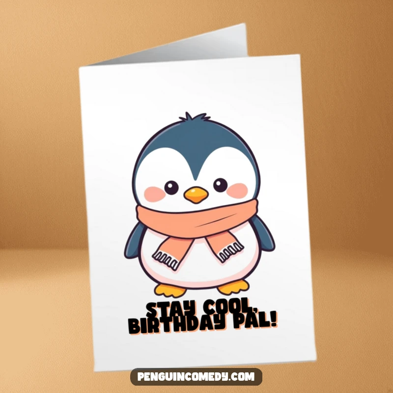 Funny Free Printable Birthday Card: A smiling penguin happily wearing a tiny, cute scarf.