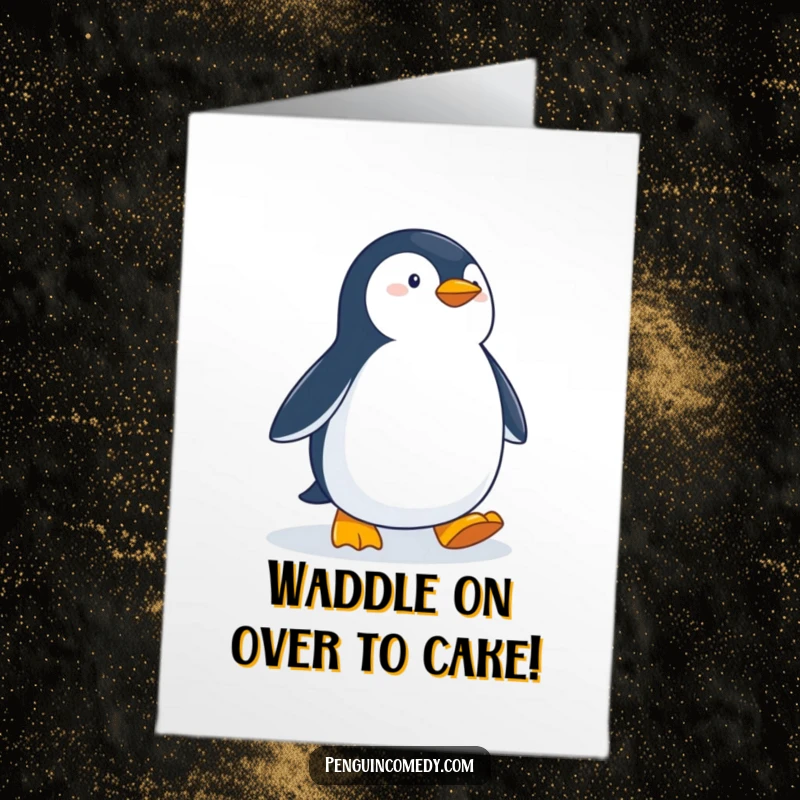 Funny Free Printable Birthday Card: A determined penguin confidently waddles across a snowy landscape.