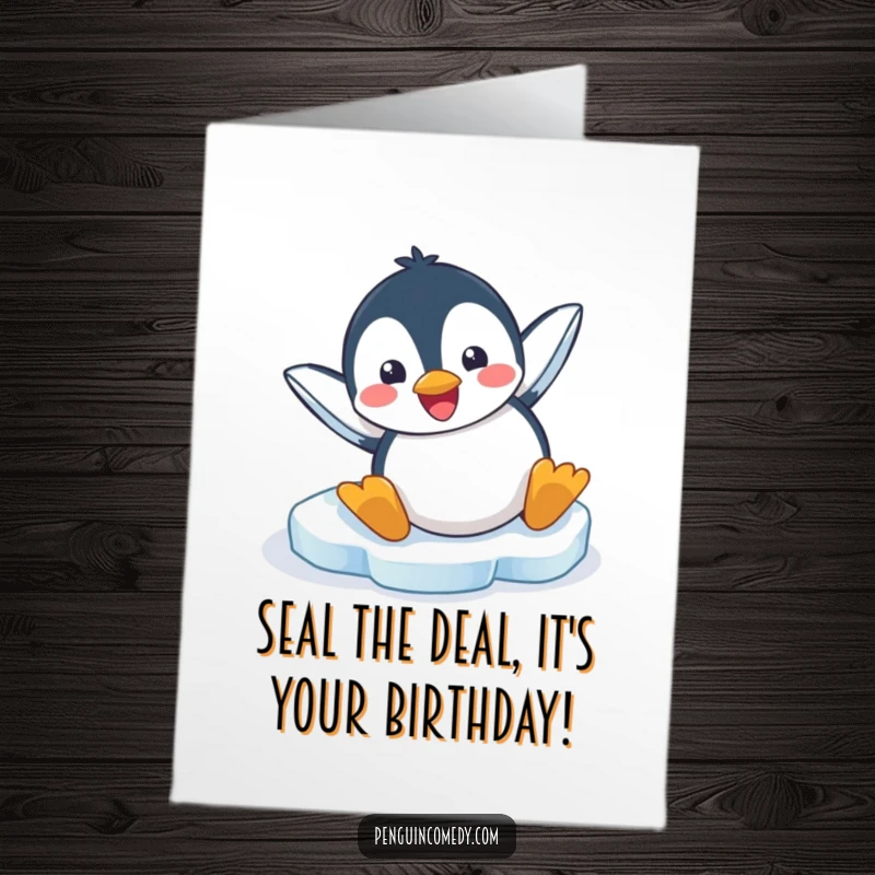 Funny Free Printable Birthday Card featuring a cartoon penguin joyfully sliding headfirst on icy ground, capturing pure, comical exhilaration.