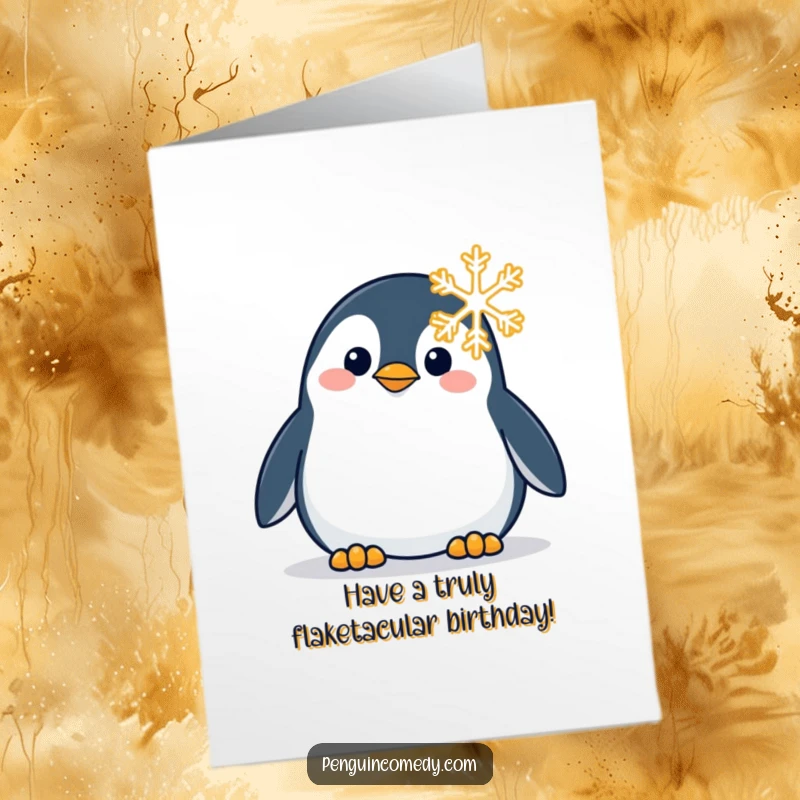 Funny Free Printable Birthday Card showing a curious penguin gazing intently at a delicate snowflake, full of wintery wonder.