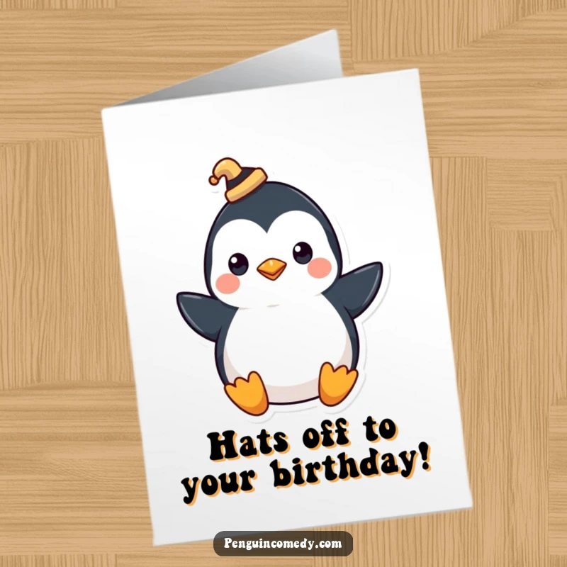 Funny Free Printable Penguin Birthday Card: a penguin in a tiny hat tips it with a flourish.