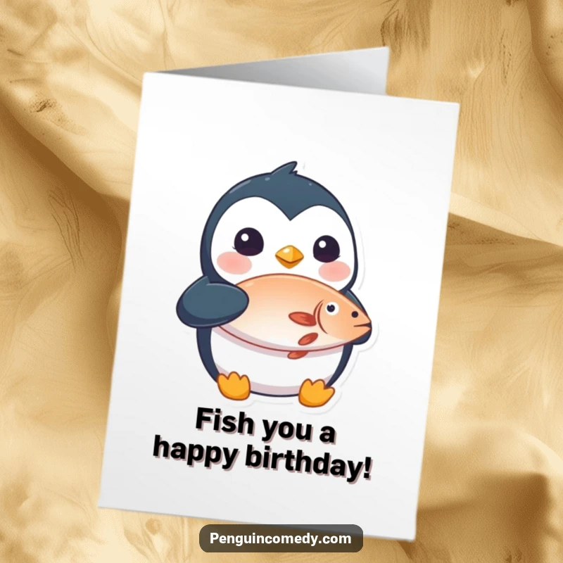 Funny Free Printable Birthday Card: A shocked penguin holding a fish, perfect for a surprise party.