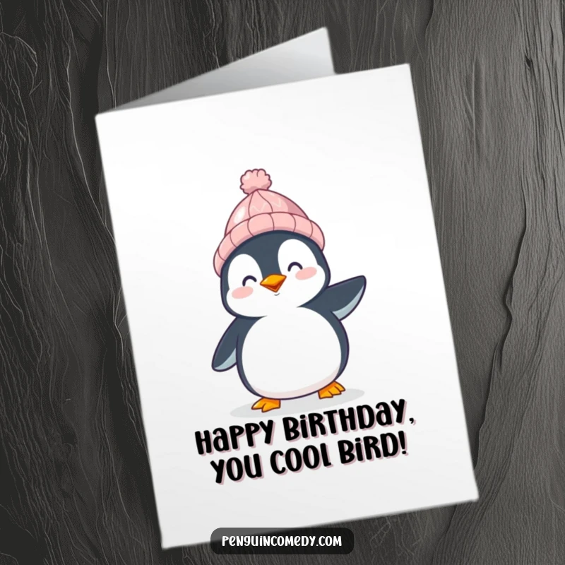 Funny Free Printable Birthday Card: A happy penguin in a small knitted hat waddles along with pure joy and delight.